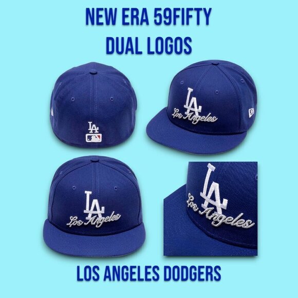 New Era Los Angeles Dodgers Dual Logo 59FIFTY Fitted Hat Cap Size Blue 7 5/8
